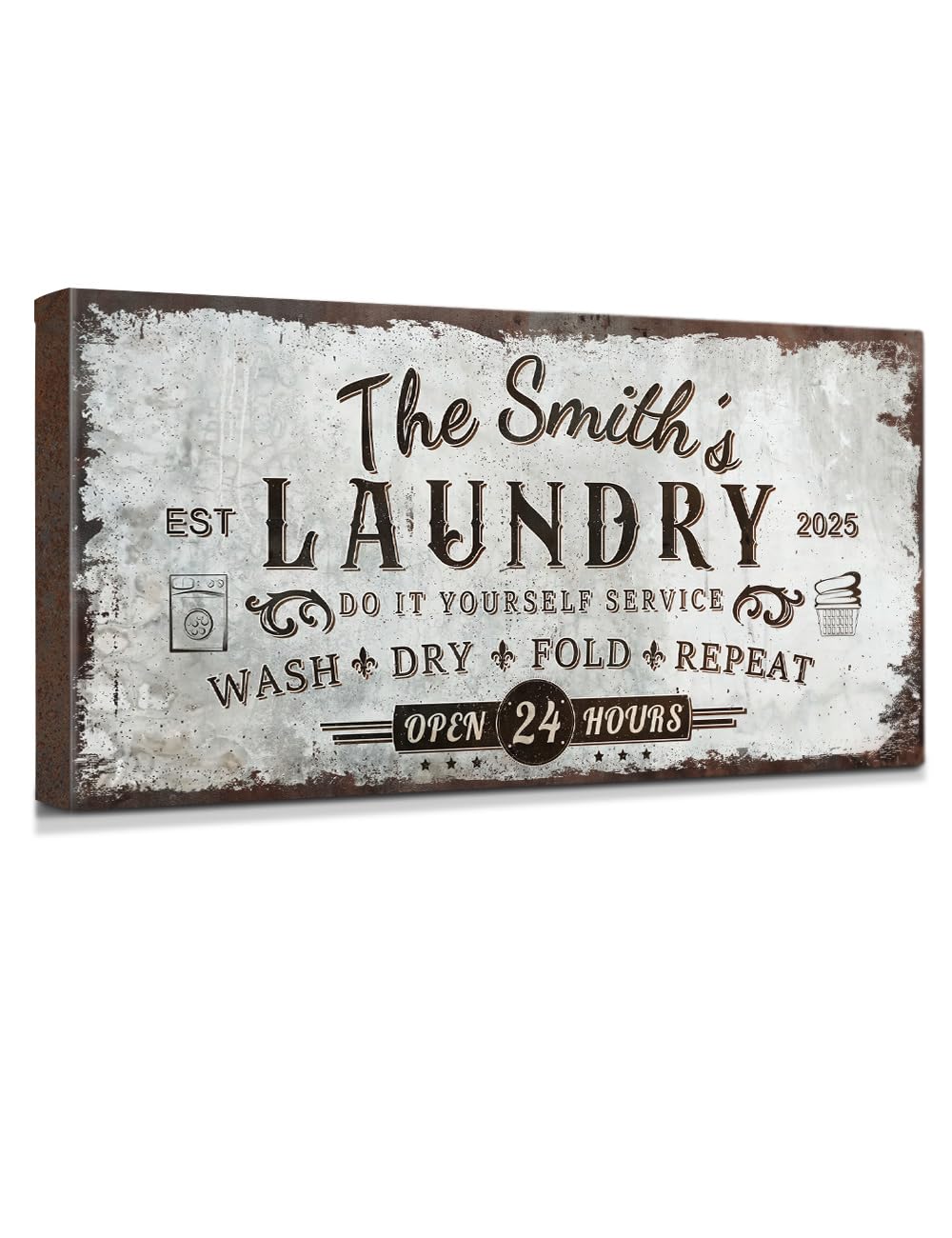 IPIC - Personalized Laundry Room Sign, Custom Canvas Wall Art with Family Name, Rustic Farmhouse Wall Decor and Accessories for Business and Home, Wash Dry Fold Repeat