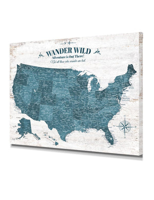 IPIC - Vintage Teal USA Map Wall Art, Push Pin USA Map to Track Your Travels, Farmhouse Style Canvas Wall Decor for Home, Office, Living Room or RV, Ready to Hang, Made in USA