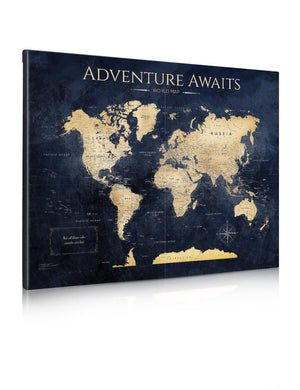 IPIC - World Map Canvas Painting for Wall Decor, Pinnable Travel Map, 30" x 24" Blue and Gold