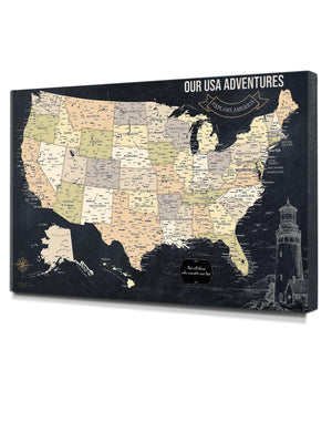 IPIC - USA Map Canvas Painting for Wall Decor, Pinnable World Board to Mark Travels, Oversize World Travel Map Print for Home, Office, Study, and RV, Ready to Hang