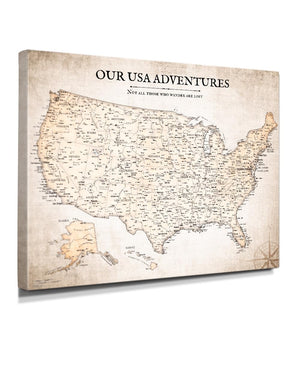 IPIC - Vintage USA Canvas Wall Art, Large Travel Map Print for Home, Office, or Study, Push Pin Map Decor for Travel Lovers, Ready to Hang