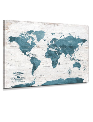 IPIC - Large Vintage Teal World Map Canvas Wall Art, Push Pin World Map to Track Your Travels, Rustic Style Wall Decor for Home, Office, Living Room or RV, Ready to Hang, Made in USA
